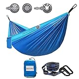 Three Donkeys Camping Hammock Lightweight Double & Single Nylon Parachute Hammock with TPU Inflatable Tube, Good for Backpacking, Travel, Beach, Backyard, Patio, Hiking (Blue)