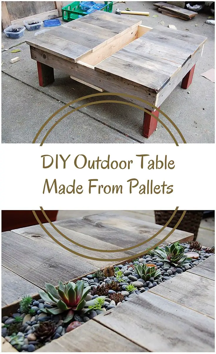 DIY Outdoor Table Made From Pallets - A dissected old shipping crate and some other random scraps of wood lying around the house turned into a patio side table with a planting strip down the middle. Use pallets to get the wood and hey presto... rustic, awesome outside table!