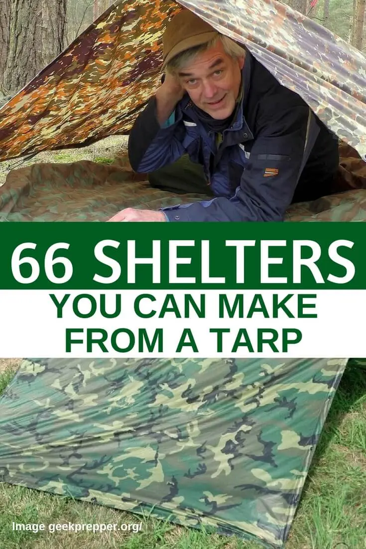 66 Shelters You Can Make From A Tarp — Having a tarp as part of your bug out bag is essential, it's lighter than a tent, easily carried on your backpack and so versatile...  you can make 66+ shelters with a single tarp. I personally have a 10 x 10 blue tarp but I want to purchase either a brown or camouflage tarp just to blend in more if I had to bug out.