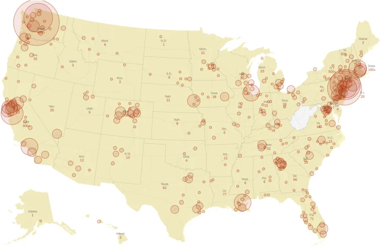 map of US cases of coronavirus