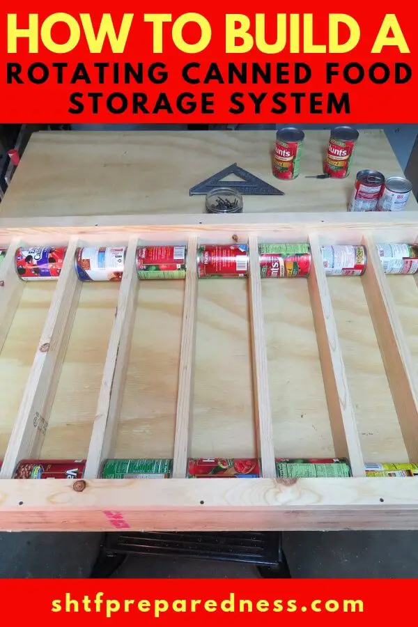 How To Build A Rotating Canned Food Storage System - This DIY project has to be by far the easiest and most clever way to build canned storage! If you have been looking for a way to store your canned food that takes up less space than just putting them on a shelf this project is for you.
