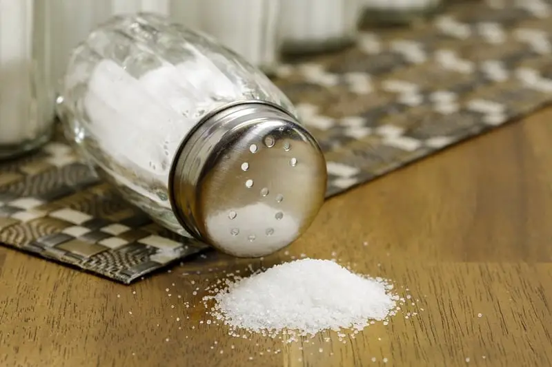 Salt shaker with some salt on the table