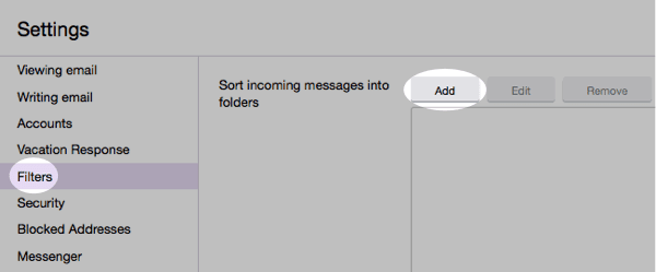 In the "Settings" tab, select "Filters" from the left menu and click the button to "Add" a filter.