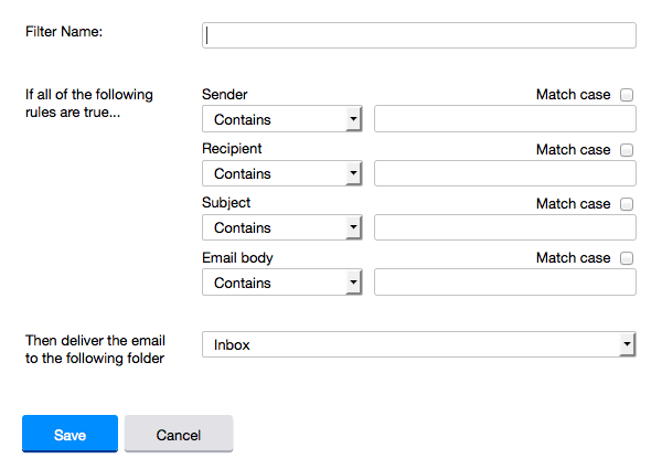 Type a name for your filter in the "Filter name" field. Select "contains" in the "sender" drop-down menu. Type the sender's email address in the "sender" text field. In the "Move to Folder" drop-down menu, select "Inbox". Click the "Save" button in the top bar to save the filter.