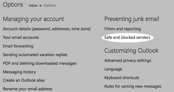 While in this section, click on the option for "Safe and blocked senders".
