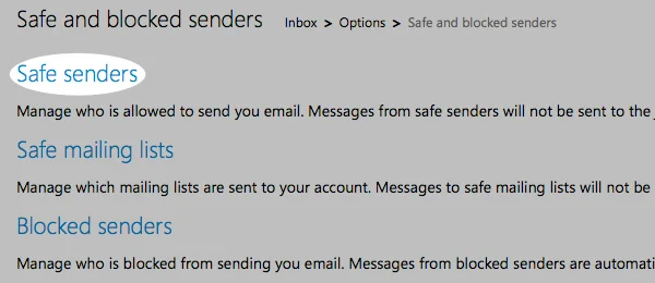 Click on "Safe senders".