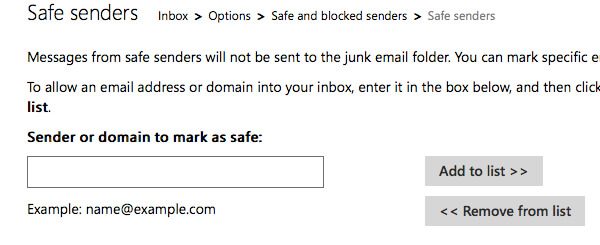 Enter in the sender's email address and click the button to "Add to list".