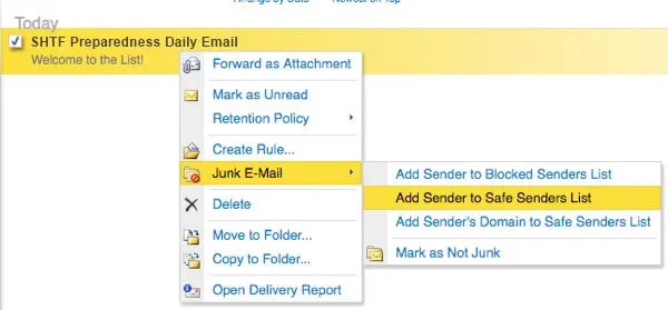 Right-click on the message in your inbox. Select "Junk E-mail" from the menu. Then, click "Add Sender to Safe Senders List" or "Never Block Sender/Domain" (depending on your Outlook version).