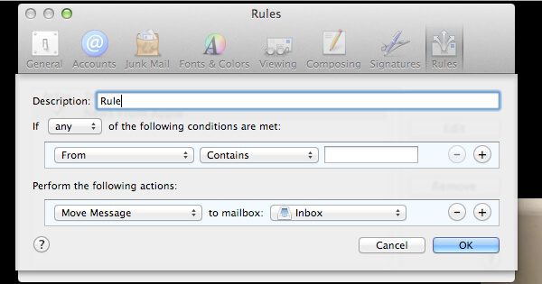 In the "Rules" window, type a name for your rule in the "Description" field. Use the following settings: “If any of the following conditions are met: From Contains.” Type the sender’s email address in the text field beside “Contains.” Select “Move Message” and “Inbox” from the drop-down menus. Click “Ok” to save the rule.