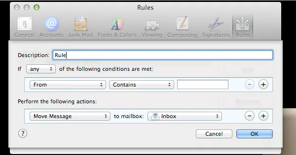 In the "Rules" window, type a name for your rule in the "Description" field. Use the following settings: “If any of the following conditions are met: From Contains.” Type the sender’s email address in the text field beside “Contains.” Select “Move Message” and “Inbox” from the drop-down menus. Click “Ok” to save the rule.
