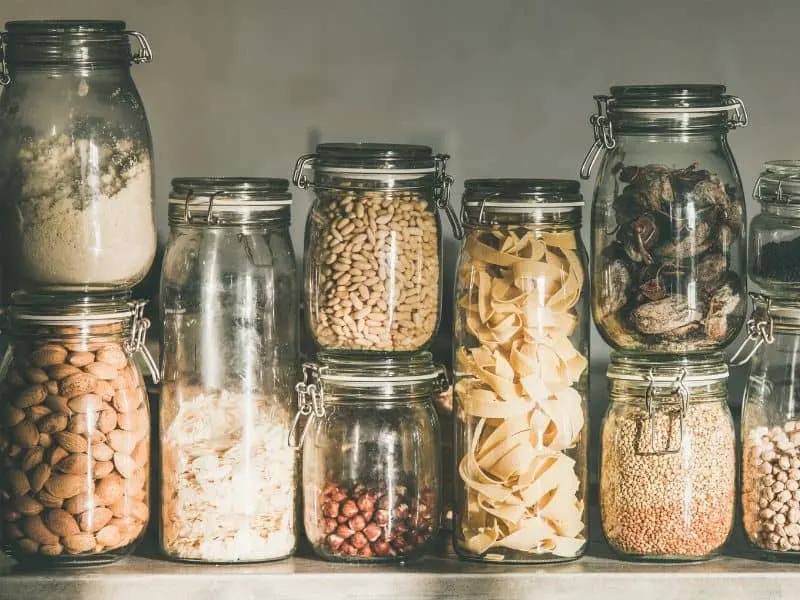 Dry food stored in glass jars for long term needs