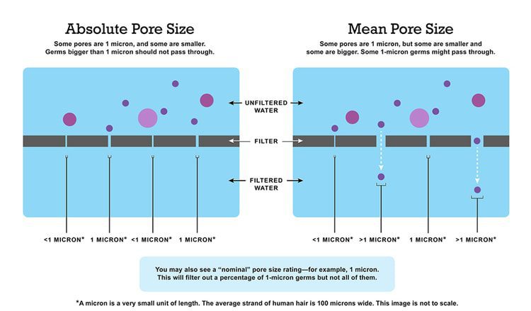 illustration of water filter absolute pore size vs size of contaminants in water