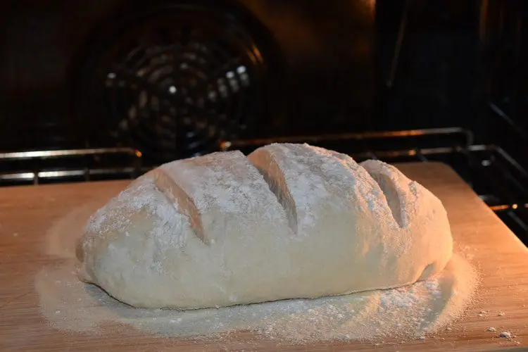 homemade bread rising and scored before baking