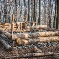 log cabin under construction with tree logs