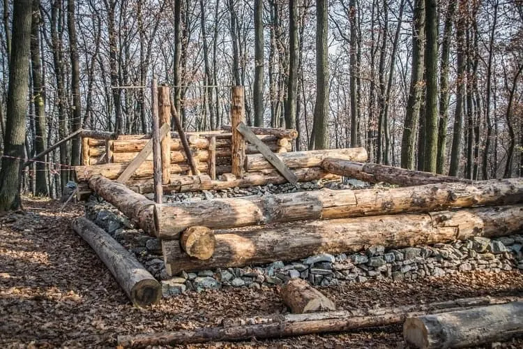 log cabin under construction with tree logs