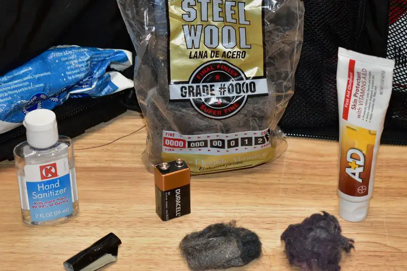 diy firestarters, steel wool, battery, duct tape, vaseline for survival gear projects