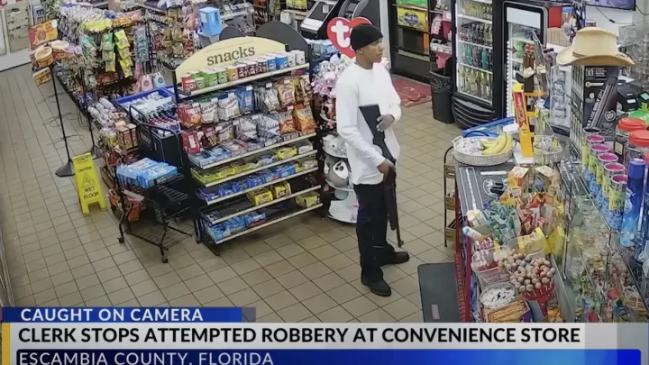 Shotgun-toting crook exits convenience store after clerk emerges from back room ‘holding his own gun toward the befuddled attempted robber’